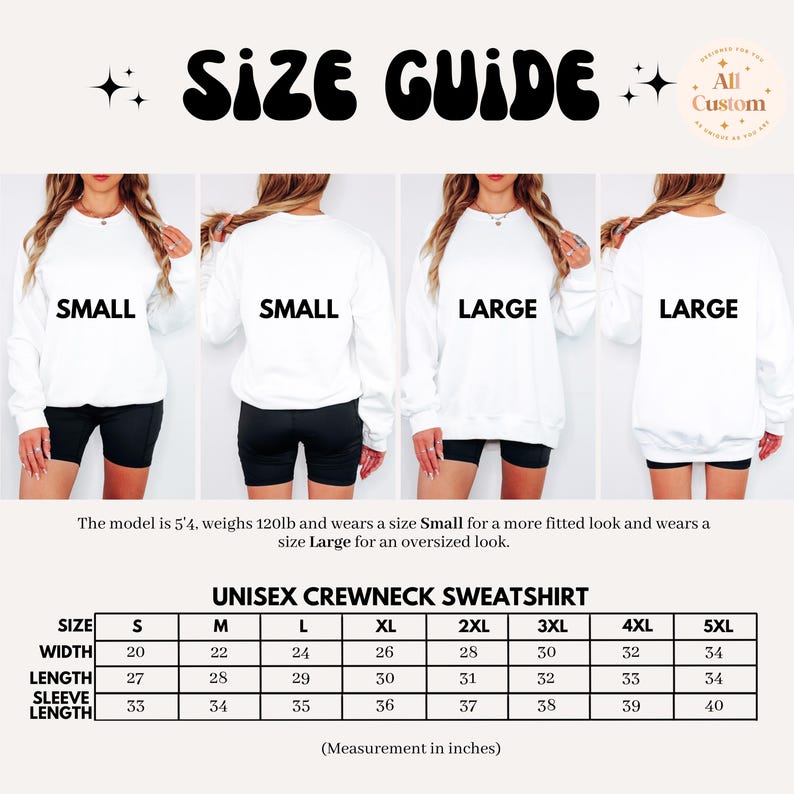 Puede incluir: Tabla de tallas para una sudadera con cuello redondo unisex. La tabla muestra el ancho, la longitud y la longitud de la manga en pulgadas para las tallas S a 5XL.