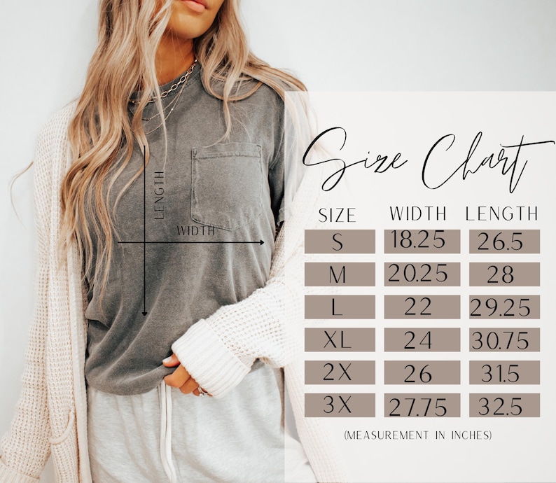 May include: A charcoal grey short-sleeve t-shirt with a chest pocket and a size chart overlay. The chart lists sizes S through 3X with corresponding width and length measurements in inches, ranging from 18.25 to 27.75 inches wide and 26.5 to 32.5 inches long.