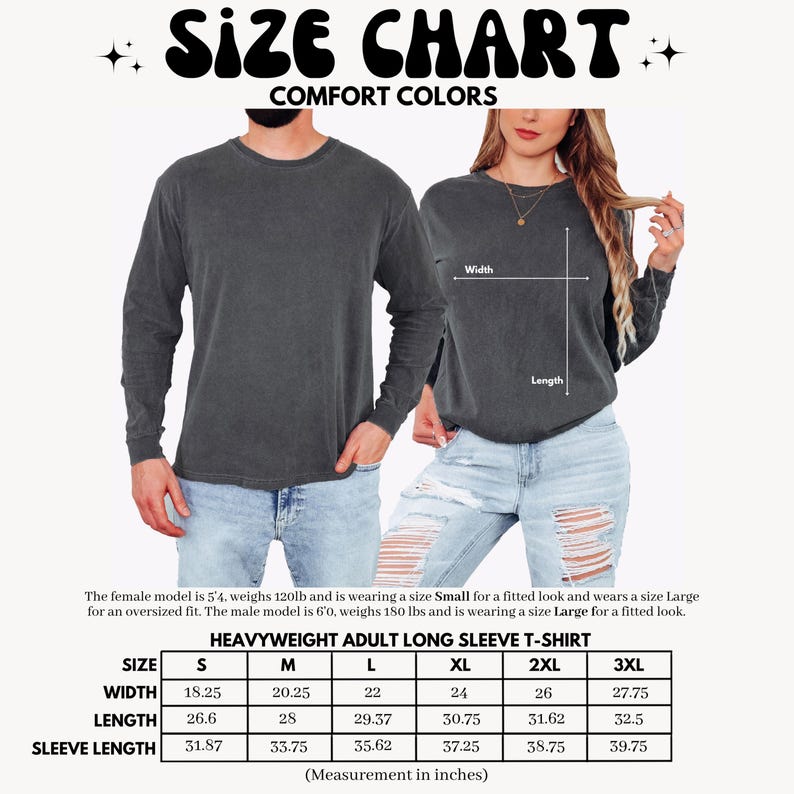 May include: A size chart for heavyweight adult long sleeve t-shirts. The chart includes measurements in inches for width, length, and sleeve length, ranging from size S to 3XL. The image also features two models wearing the shirts.