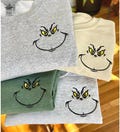 Embroidered Grinch Face Sweatshirt: Grinch Face Sweater, Funny Grinch Christmas Sweater, Outlined Embroidered Cute Grinch Face Holiday Shirt