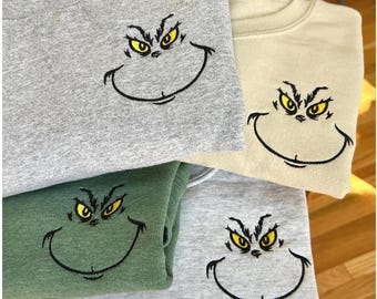 Embroidered Grinch Face Sweatshirt: Grinch Face Sweater, Funny Grinch Christmas Sweater, Outlined Embroidered Cute Grinch Face Holiday Shirt
