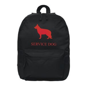 May include: Black backpack with a red silhouette of a German Shepherd and the text "SERVICE DOG" in red.