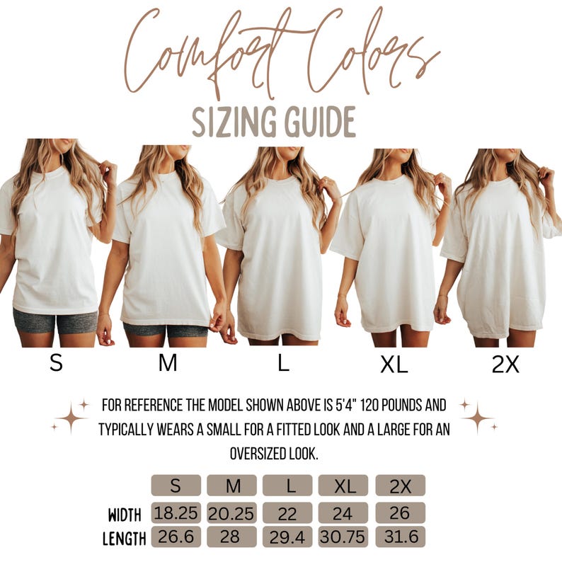 May include: A sizing guide for Comfort Colors t-shirts. The image shows five models wearing white t-shirts in sizes S, M, L, XL, and 2X. Measurements for width and length are provided in inches for each size. The text at the top reads "Comfort Colors" and "SIZING GUIDE".
