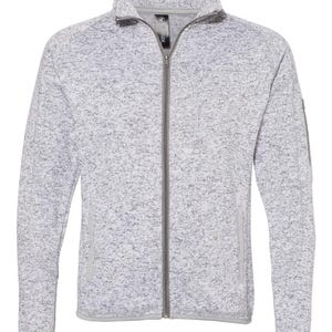 May include: A grey and white flecked fleece zip-up jacket with a stand-up collar and zipped pockets.