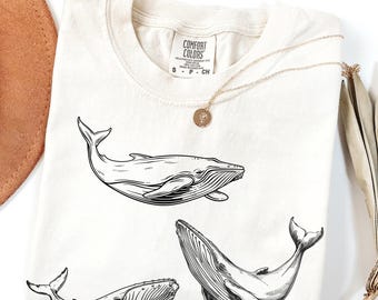 Comfort Colors Whale Shirt, Vintage Style Tshirt with Large Graphic Print of Whales, Retro Ocean Sea Animals Sealife Shirt, Boho Summer Tee