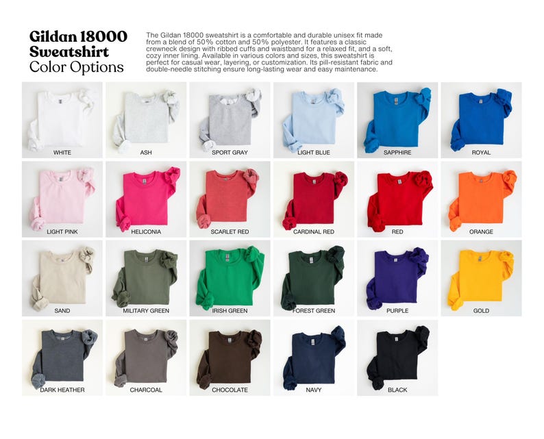 May include: A colour chart of Gildan 18000 sweatshirts in various colours. The chart displays 20 different colours, including white, ash, sport grey, light blue, sapphire, royal, light pink, and more. Each colour is represented by a sweatshirt.