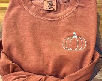 Comfort Colors Embroidered Pumpkin Shirt: Boho Fall Tee Short OR Long Sleeve - Cute Mini Autumn Embroidery - Fall Vibes Shirt