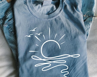 Camisa Comfort Colors Sun Ocean - Camiseta bohemia de verano con gráfico lineal - Camiseta playera moderna - Camiseta minimalista de verano