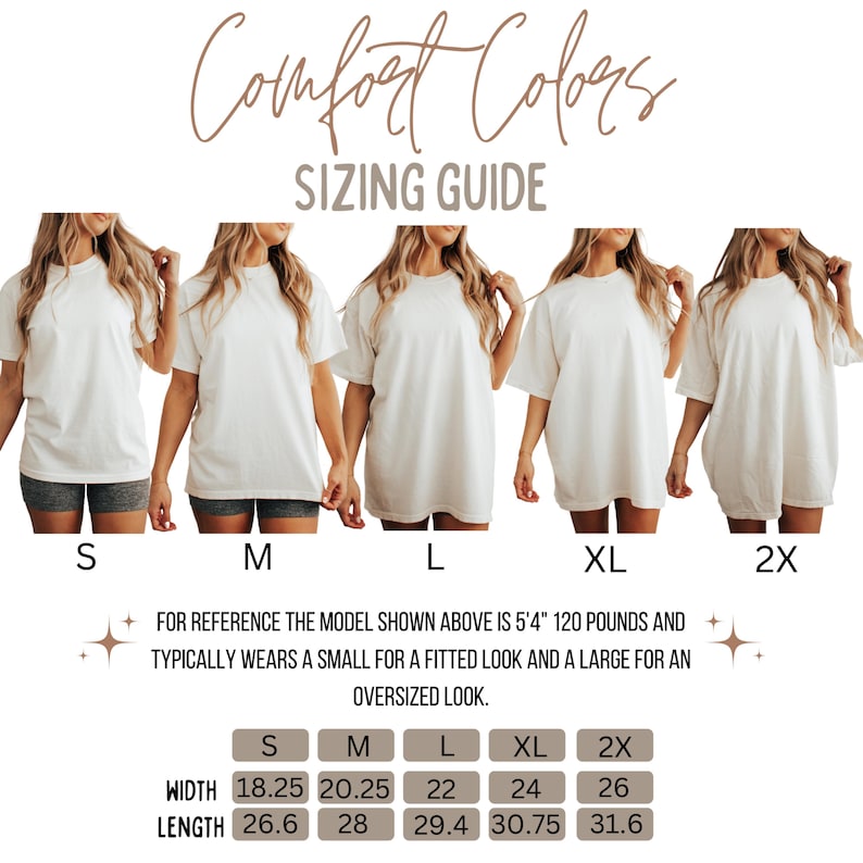 K&ouml;nnte beinhalten: Gr&ouml;&szlig;entabelle f&uuml;r wei&szlig;e T-Shirts mit dem Text "Comfort Colors" und "SIZING GUIDE". Die Tabelle zeigt f&uuml;nf Modelle, die wei&szlig;e T-Shirts in den Gr&ouml;&szlig;en S, M, L, XL und 2X tragen. Ma&szlig;e sind in Zoll f&uuml;r Breite und L&auml;nge angegeben.