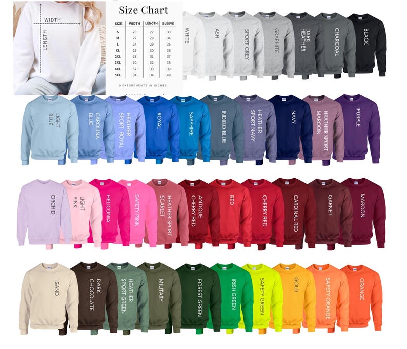Puede incluir: Una variedad de sudaderas de cuello redondo en varios colores, incluyendo blanco, negro, azul y rosa. Se muestra una tabla de tallas, que muestra las medidas en pulgadas para el ancho, el largo y el largo de la manga. Las sudaderas est&aacute;n dispuestas en filas.