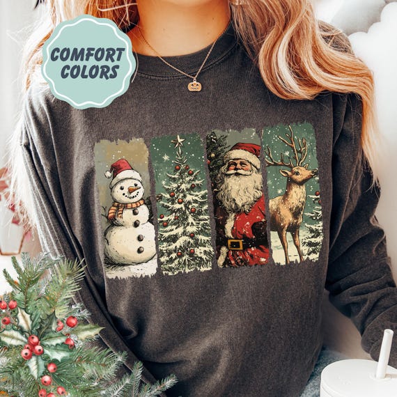 Comfort Colors Retro Christmas Shirt - Merry Christmas Winter Holiday Vibe Long Sleeve Shirt - Four Vintage Images Santa Deer Snowmen Tree