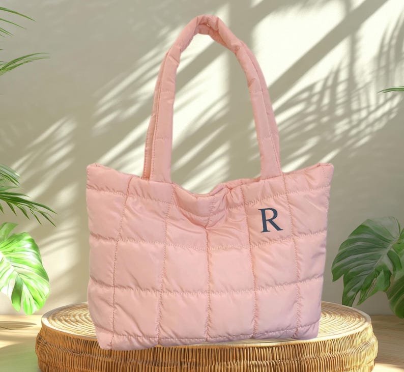 Embroidered Initial Quilted Tote Bag: Personalized Lightweight Carryall image 6