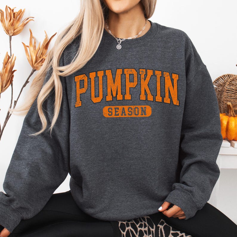 May include: Dark gray sweatshirt with the words "PUMPKIN SEASON" in orange block letters. The sweatshirt is a crew neck style and appears to be made of a soft material. The overall theme is autumn and fall.