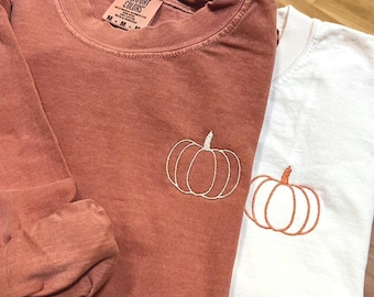 Comfort Colors Embroidered Pumpkin Shirt: Boho Fall Tee Short OR Long Sleeve - Cute Mini Autumn Embroidery - Fall Vibes Shirt