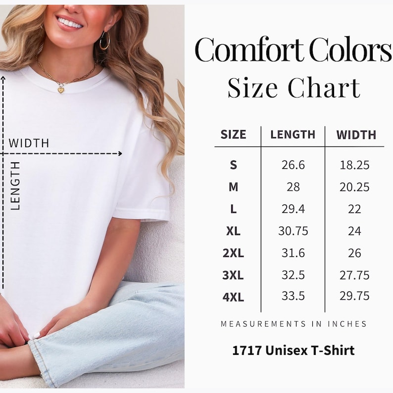 K&ouml;nnte beinhalten: Ein wei&szlig;es T-Shirt mit einer Gr&ouml;&szlig;entabelle f&uuml;r Hemden der Marke Comfort Colors. Die Tabelle listet die Gr&ouml;&szlig;en S bis 4XL mit L&auml;ngen- und Breitenma&szlig;en in Zoll auf. Der Text "1717 Unisex T-Shirt" ist ebenfalls sichtbar.