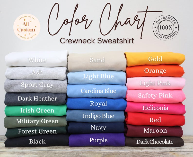 Puede incluir: Carta de colores para sudaderas con cuello redondo que muestra 18 colores diferentes, incluyendo blanco, ceniza, gris deportivo, gris oscuro, verde irland&eacute;s, verde militar, verde bosque, negro, arena, azul claro, azul Carolina, azul real, azul &iacute;ndigo, azul marino, morado, dorado, naranja, rosa claro, rosa seguridad, heliconia, rojo, granate y chocolate oscuro.