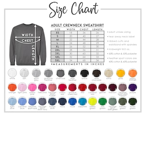 K&ouml;nnte beinhalten: Gr&ouml;&szlig;entabelle f&uuml;r Crewneck-Sweatshirts f&uuml;r Erwachsene, mit Ma&szlig;en in Zoll. Die Tabelle enth&auml;lt die Gr&ouml;&szlig;en XS bis 5XL mit Breiten-, Brust- und L&auml;ngenma&szlig;en. Farboptionen werden unterhalb der Tabelle angezeigt.
