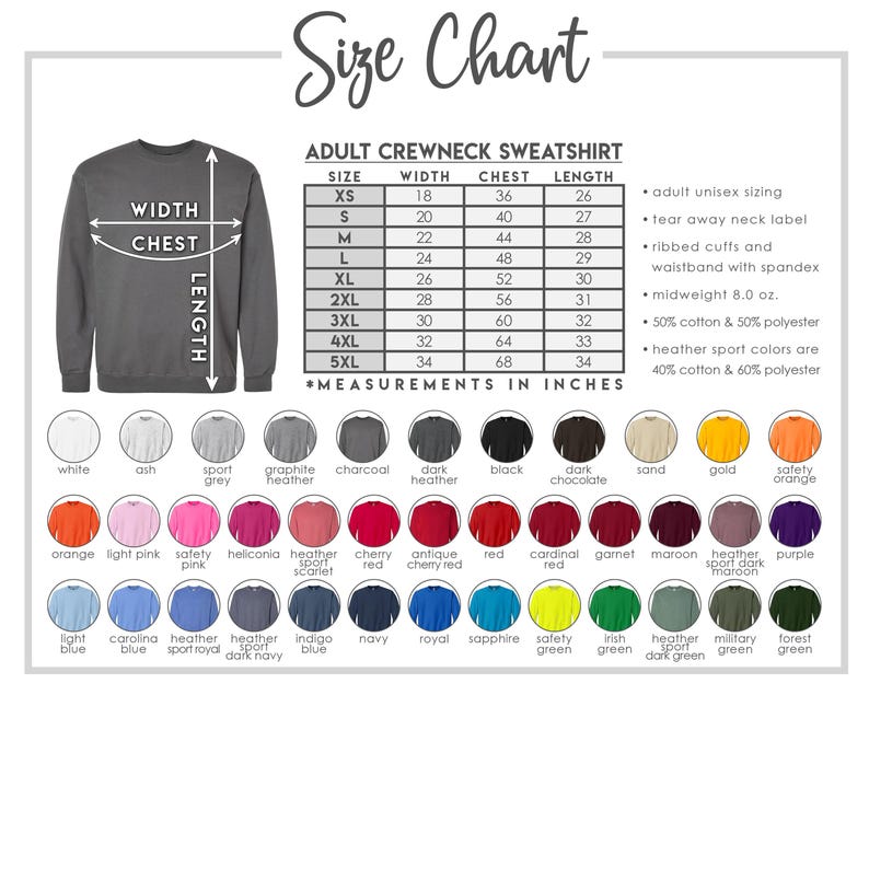 K&ouml;nnte beinhalten: Gr&ouml;&szlig;entabelle f&uuml;r Crewneck-Sweatshirts f&uuml;r Erwachsene, mit Ma&szlig;en in Zoll. Die Tabelle enth&auml;lt die Gr&ouml;&szlig;en XS bis 5XL mit Breiten-, Brust- und L&auml;ngenma&szlig;en. Farboptionen werden unterhalb der Tabelle angezeigt.