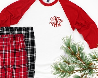 Embroidered 2 Piece Pajama Set - 3/4 Sleeve T-shirt & Plaid Flannel Pajama Set – Personalized Unisex PJ Set - Custom Monogram Initials Name