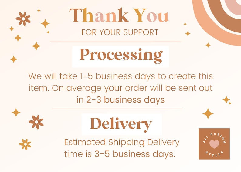 May include: Thank You for your support. Processing time is 1-5 business days. Delivery time is 3-5 business days.