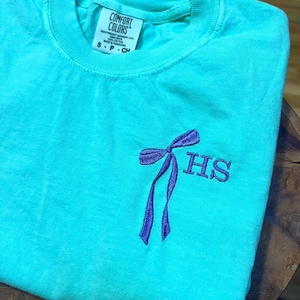 Embroidered Initial Comfort Colors Shirt: Bow Ribbon, Custom Bridal Party Tee