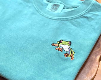 Comfort Colors Embroidered Frog Shirt - Cute Mini Colorful Frog Embroidery - Short or Long Sleeve TShirt