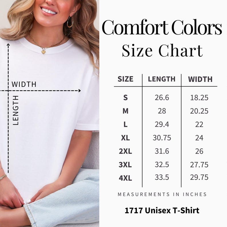 K&ouml;nnte beinhalten: Wei&szlig;es T-Shirt mit Gr&ouml;&szlig;entabelle f&uuml;r Comfort Colors. Die Tabelle listet die Gr&ouml;&szlig;en S bis 4XL mit L&auml;ngen- und Breitenma&szlig;en in Zoll auf. Das T-Shirt ist mit 1717 Unisex T-Shirt gekennzeichnet.