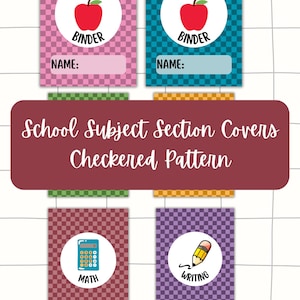 May include: School subject section covers with a checkered pattern. The design includes pink and teal binders with apple graphics, and labels for "Name:". Additional covers feature a calculator for math and a pencil for writing.