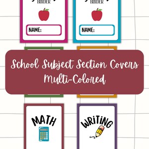 Puede incluir: Cuatro cubiertas de sección de asignaturas escolares imprimibles de colores con una manzana roja, una calculadora, un lápiz y las palabras "STUDENT BINDER", "MATH" y "WRITING".