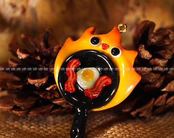 Calcifer Inspired Studio Ghibli Flame Worry Stone, Keychain, Kawaii Fire Spirit with Egg & Bacon Pan, Pocket Fidget Anxiety Relief