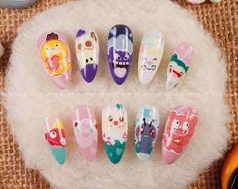 Uñas postizas inspiradas en Pokémon Kawaii, uñas con monstruos de dibujos animados, uñas con diseños de anime coloridos, uñas postizas divertidas para otakus, set de uñas con personajes en tonos pastel