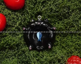 Piedra de preocupación Neko de medianoche, piedra de pulgar/palma de gato negro con pez, juguete de bolsillo para aliviar la ansiedad, amuleto de resina 3D artesanal LB4