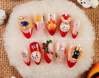 Uñas postizas navideñas Glibi, decoración de uñas navideña, uñas 3D kawaii, uñas de anime adorables, set de uñas para las fiestas