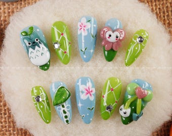 Uñas postizas Glibi Garden, uñas 3D adorables, uñas postizas florales, uñas verde azuladas, arte de uñas kawaii, inspiradas en el anime.