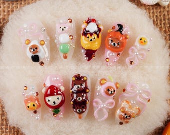Uñas postizas inspiradas en el oso Rilakkuma, uñas kawaii 3D, diseño de uñas de osito, uñas kawaii en tonos pastel, diseño de uñas japonés RORMM