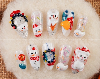 Uñas postizas con diseño de jardín de gatos, decoración de uñas navideña, uñas festivas, uñas 3D de invierno, uñas postizas kawaii