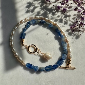 Asymmetrical Kyanite & Freshwater Pearl Necklace, 18k Gold-Plated Toggle Clasp, Statement Necklace with Baroque Pearl, Handmade, Mother&#39;s Day