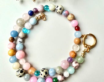Bunte Edelstein Halskette mit Naturstein Mix, Dalmatiner Jaspis, Rosenquarz, Achat, Statement Kette handgefertigt, Geschenk für sie
