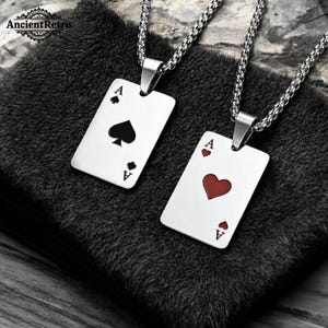 Ensemble de 2 colliers de cartes de poker | Pendentifs coeur hip hop rock pique | Collier ras de cou en argent pour homme et femme | Bijoux streetwear
