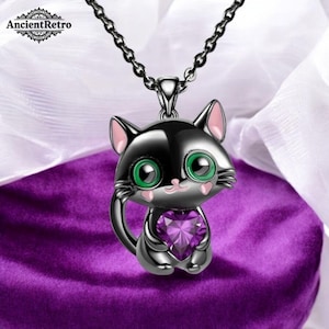 Black Cat Heart Necklace | Purple Crystal Pendant | Kawaii Goth Jewelry for Women & Men | Cute Cartoon Accessory Gift