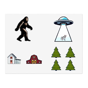 Cryptid Scene Sticker Sheets, DIY Journal Scrapbooking Crafts, bigfoot Decals, Mythical Monster Art, Paranormal Sticker Pack