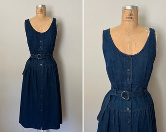 1990s Button Front Denim Jumper l 90s Wide Banded Waist Jean Dress