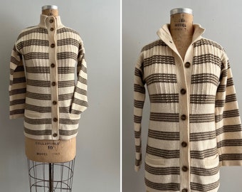 1970s Chocolate Brown and Ivory Striped Cardigan l British Made Lambswool Striped Tunic Cardigan