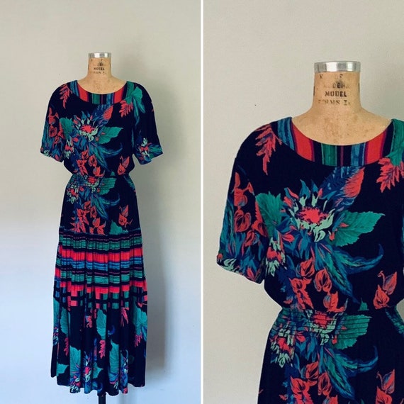 1980s Tropical Paradise Dress / Vintage 1980s Maxi
