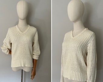 1970s Open Crochet Sweater | Neutral Open Crochet Pattern Pullover