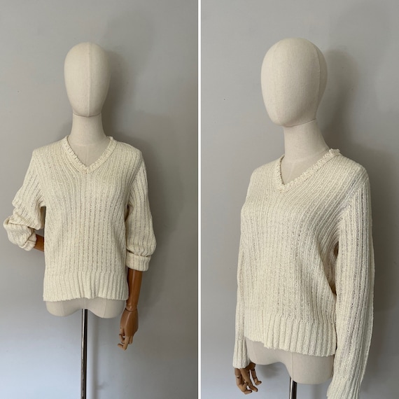 1970s Open Crochet Sweater | Neutral Open Crochet… - image 1