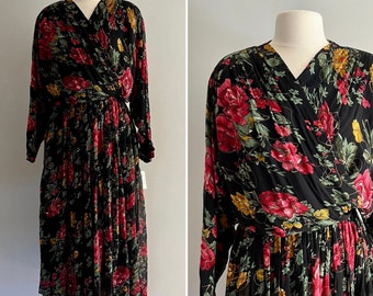 1990s Deadstock Vintage Floral Rayon Cross Bodice Dress/ 90s Extra Large Tall Floral Rayon Dress