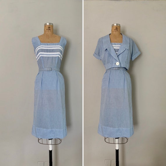 1950s Sundress and Cropped Jacket / 50s Blue Gingh