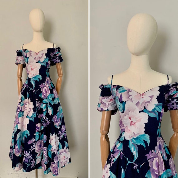 1990s Floral Cotton Off Shoulder Dress - image 10