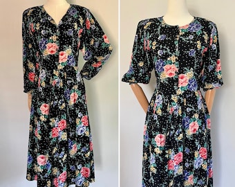 1990s Starina Black Floral Dress l 90s Button Up Dress with